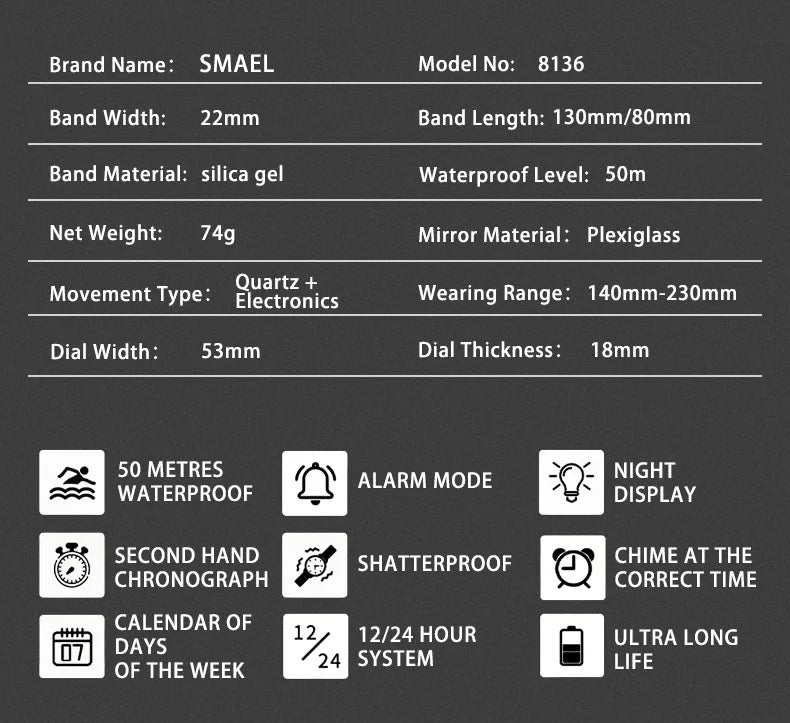 Montre homme militaire SMAEL — Numérique, étanche 50 m, chrono & anti-choc