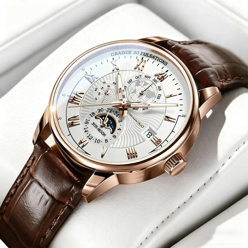 Montre homme sport de luxe — Bracelet cuir, étanche & cadran lumineux