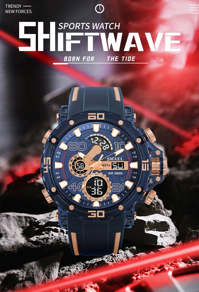 Montre homme militaire SMAEL — Numérique, étanche 50 m, chrono & anti-choc