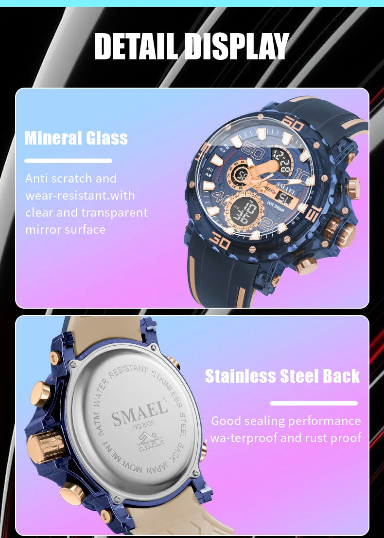 Montre homme militaire SMAEL — Numérique, étanche 50 m, chrono & anti-choc