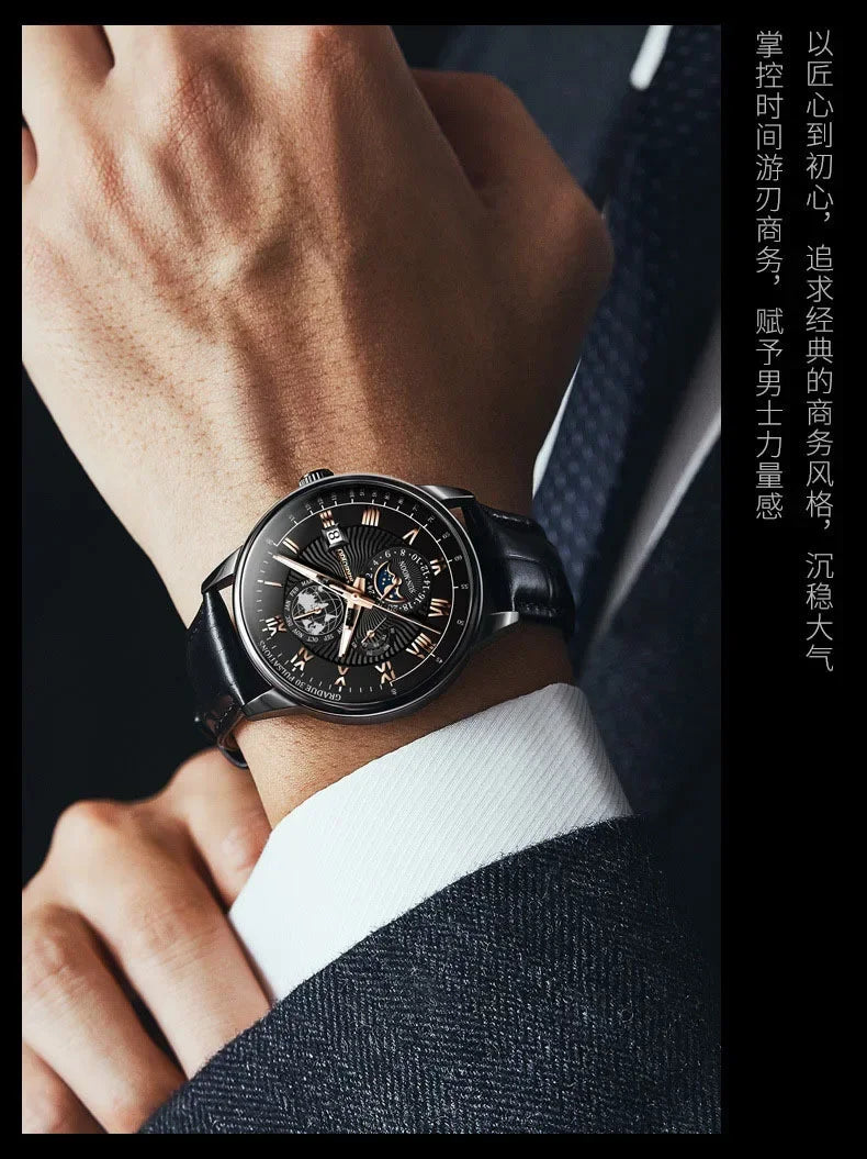 Montre homme sport de luxe — Bracelet cuir, étanche & cadran lumineux