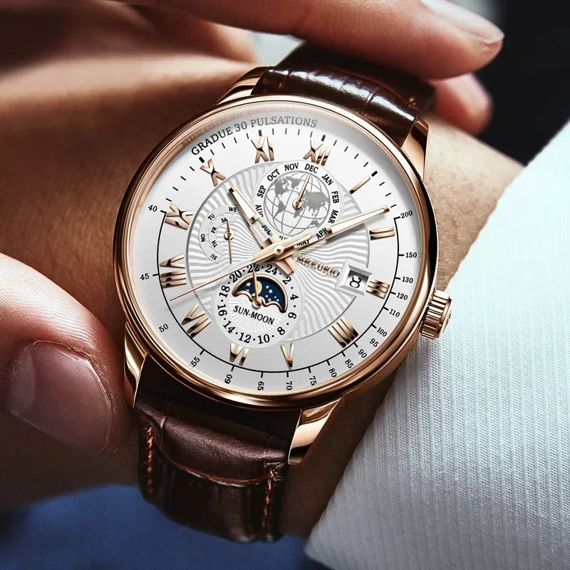 Montre homme sport de luxe — Bracelet cuir, étanche & cadran lumineux