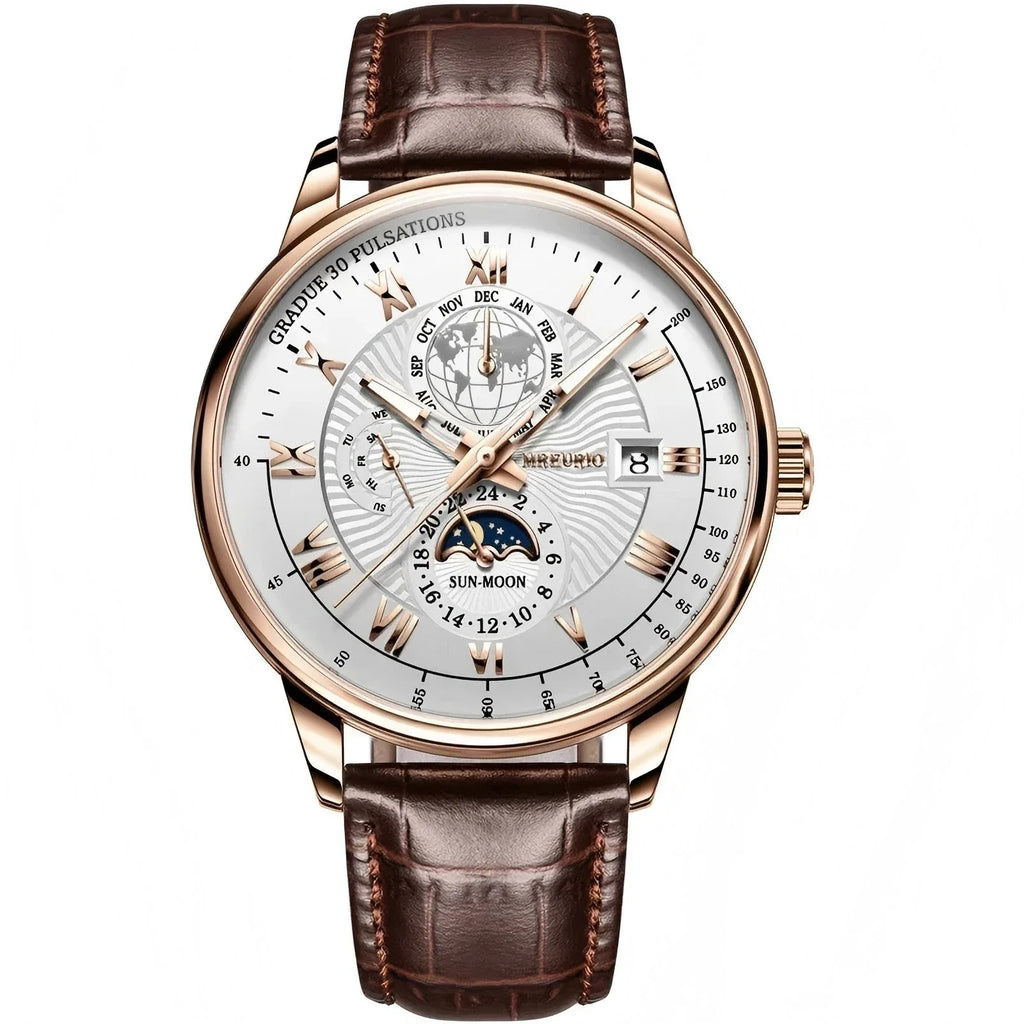 Montre homme sport de luxe — Bracelet cuir, étanche & cadran lumineux