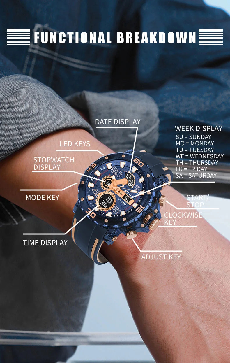 Montre homme militaire SMAEL — Numérique, étanche 50 m, chrono & anti-choc