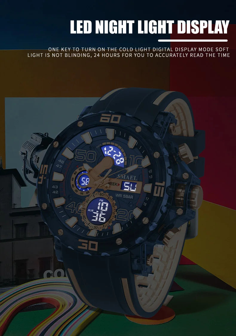 Montre homme militaire SMAEL — Numérique, étanche 50 m, chrono & anti-choc