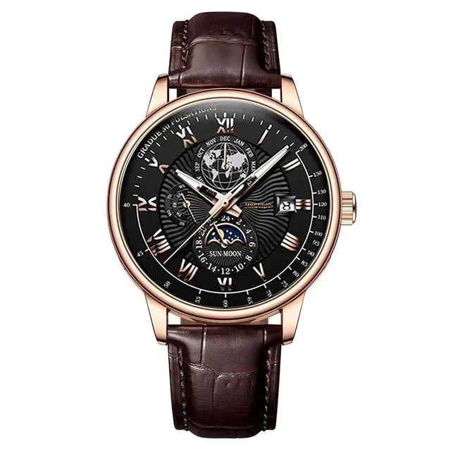 Montre homme sport de luxe — Bracelet cuir, étanche & cadran lumineux