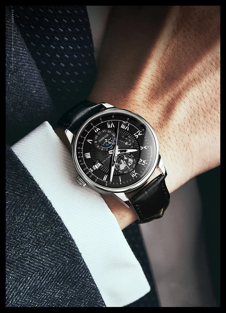 Montre homme sport de luxe — Bracelet cuir, étanche & cadran lumineux