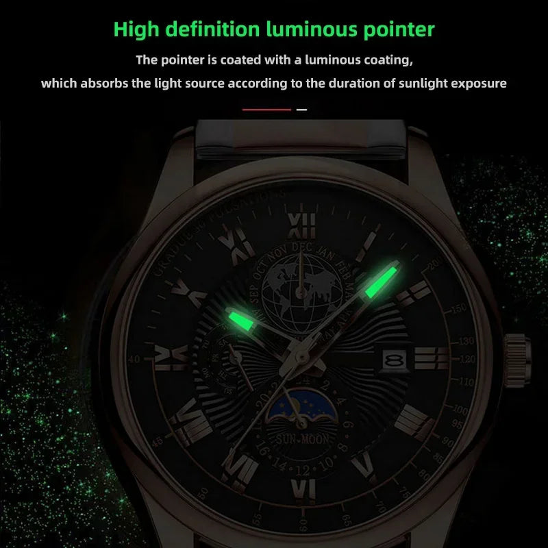 Montre homme sport de luxe — Bracelet cuir, étanche & cadran lumineux