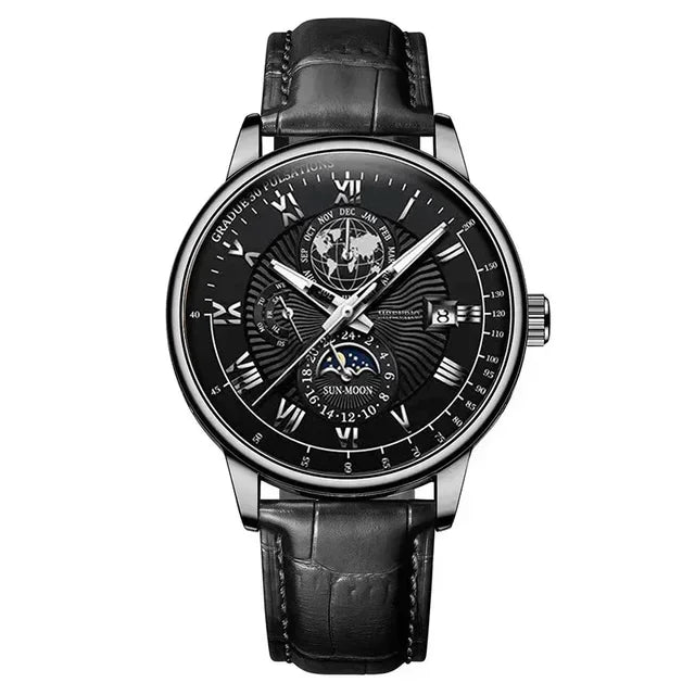 Montre homme sport de luxe — Bracelet cuir, étanche & cadran lumineux