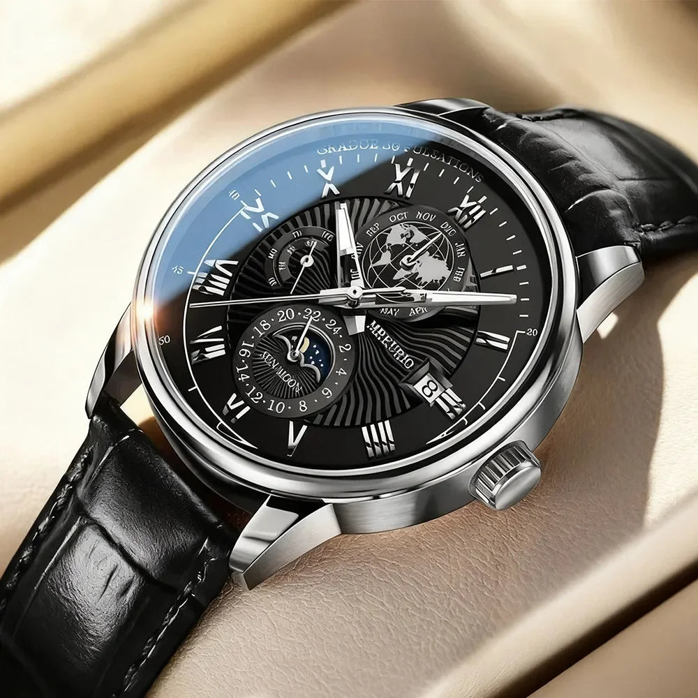 Montre homme sport de luxe — Bracelet cuir, étanche & cadran lumineux