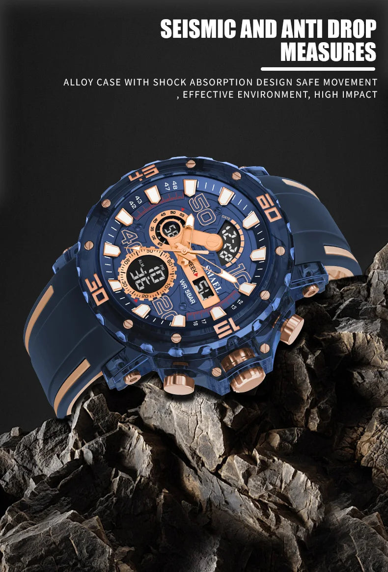 Montre homme militaire SMAEL — Numérique, étanche 50 m, chrono & anti-choc