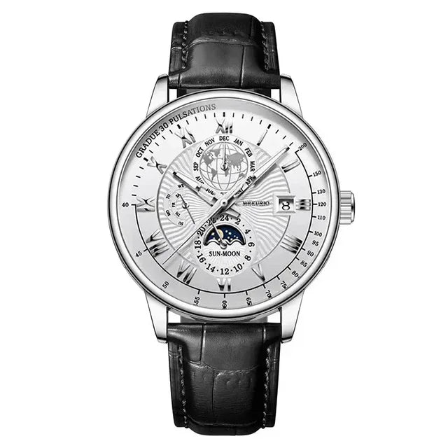 Montre homme sport de luxe — Bracelet cuir, étanche & cadran lumineux