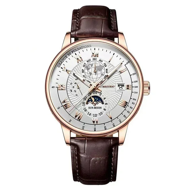 Montre homme sport de luxe — Bracelet cuir, étanche & cadran lumineux