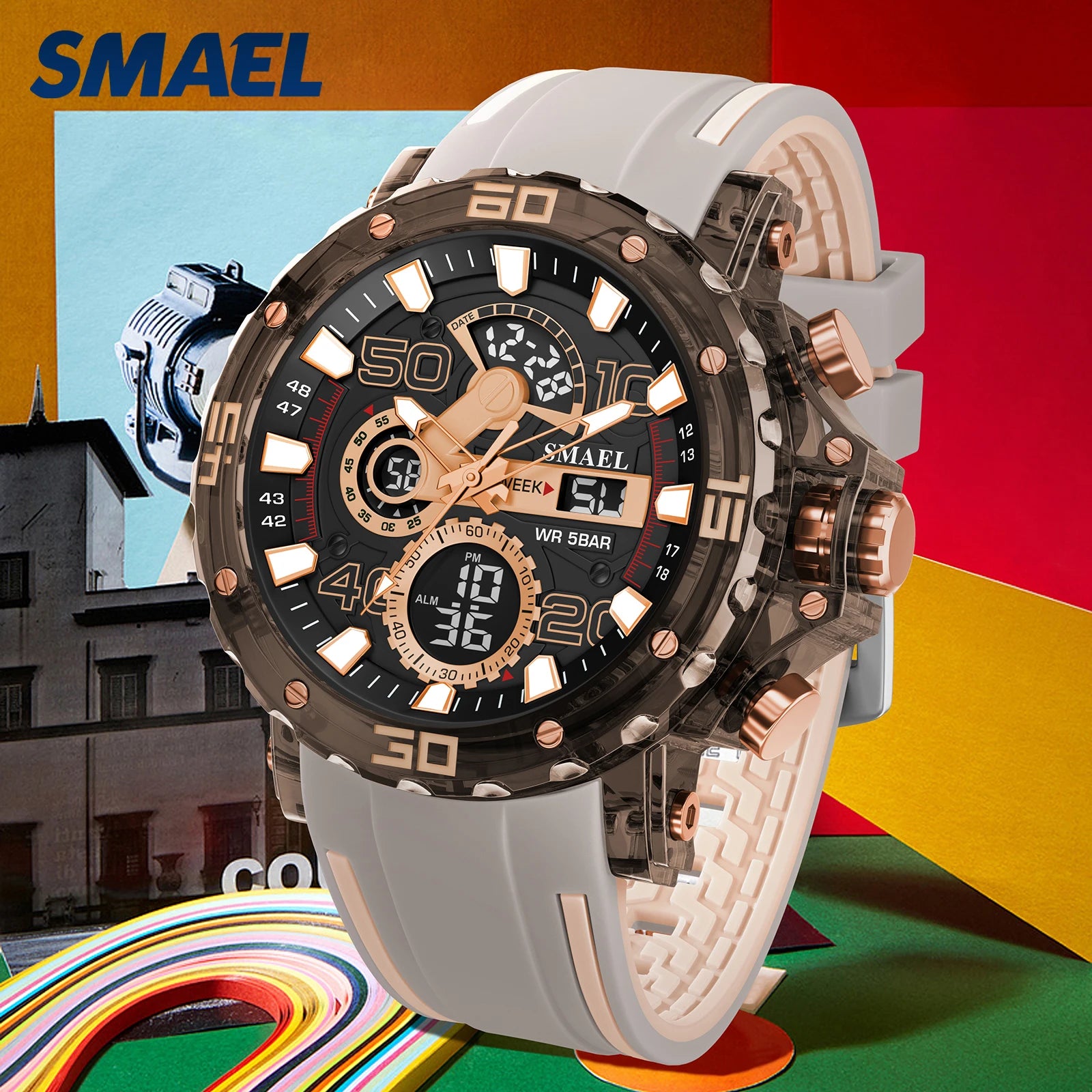 Montre homme militaire SMAEL — Numérique, étanche 50 m, chrono & anti-choc