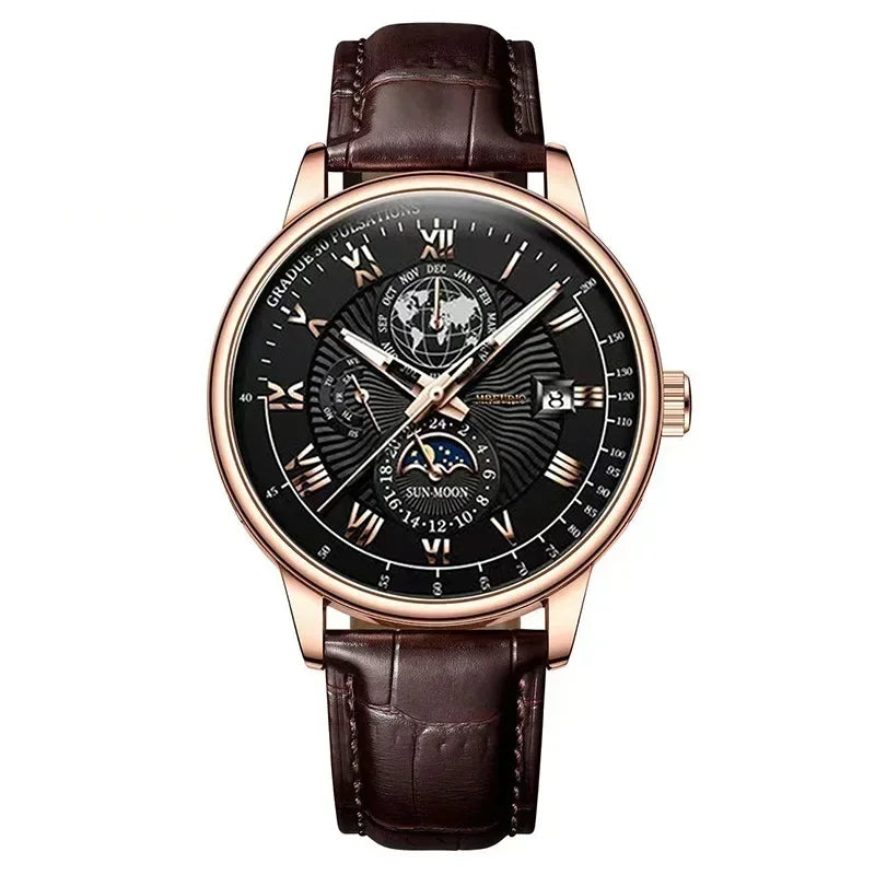 Montre homme sport de luxe — Bracelet cuir, étanche & cadran lumineux