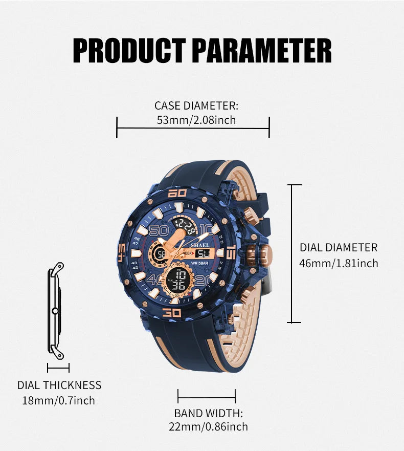 Montre homme militaire SMAEL — Numérique, étanche 50 m, chrono & anti-choc