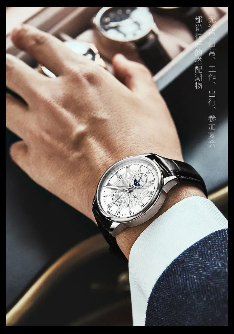 Montre homme sport de luxe — Bracelet cuir, étanche & cadran lumineux